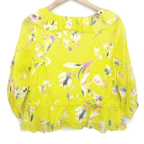 Tanya Taylor Lourdes Floral Cotton Blouse Yellow Ruffle V Neck Balloon Sleeve 4 - Picture 5 of 14